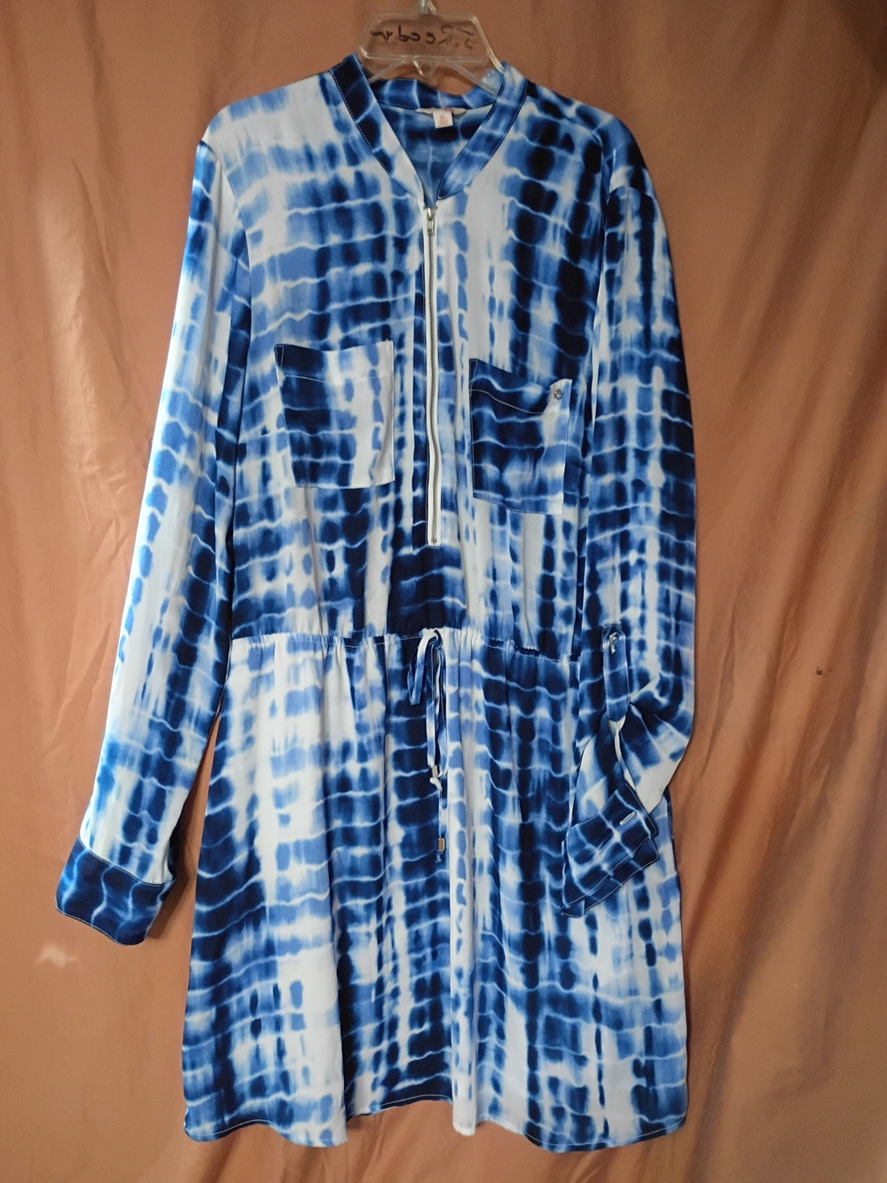 G by Guess Blue and White Long Sleeve Tie-Dye Drawstring Dress